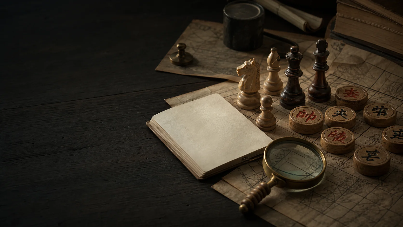 European chess and xiangqi pieces arranged on a researcher’s wooden table